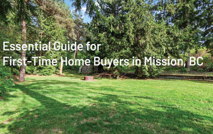 A spacious, green backyard with mature trees, serving as the thumbnail for an "Essential Guide for First-Time Home Buyers in Mission, BC." This image represents the type of residential property a Mission realtor might help clients find.