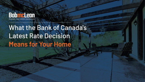 Canadian real estate market forecast with Bank of Canada interest rate chart and house icon